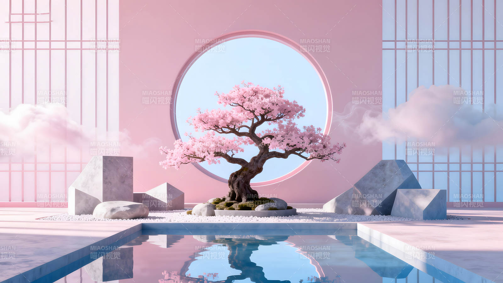 粉色禪意庭院櫻花樹寧靜唯美-圖片