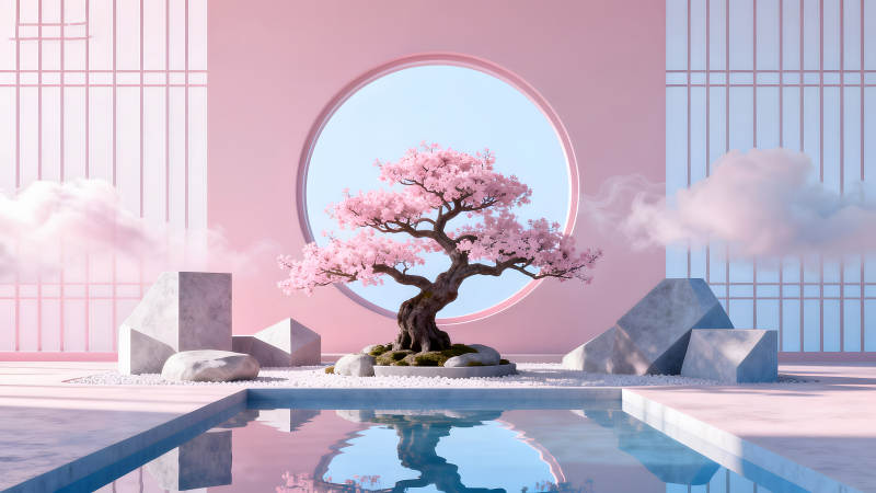 粉色禪意庭院櫻花樹寧靜唯美-圖片