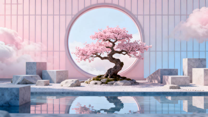 粉色櫻花盆景和水池景觀-圖片