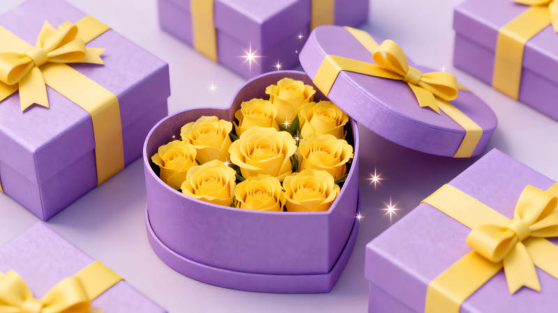 心形禮盒與黃色玫瑰花紫色禮物盒圖片