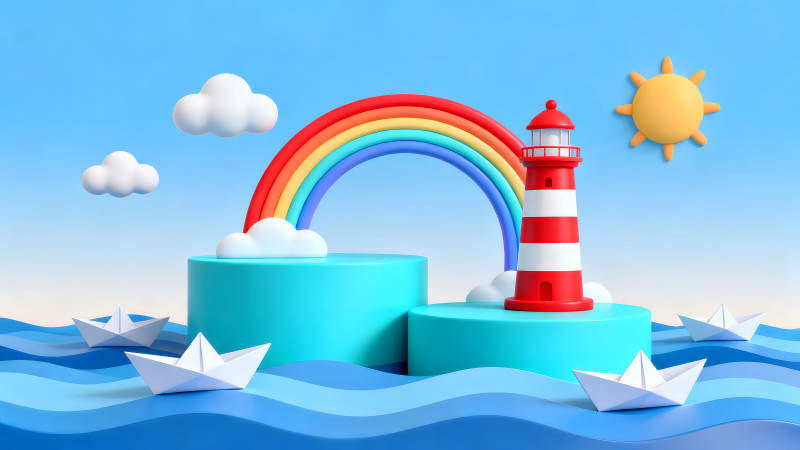 卡通海滩风景与纸船彩虹灯塔图片