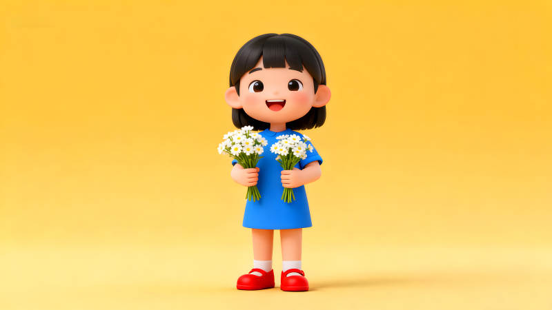 可爱女孩手捧鲜花露出笑容-图片