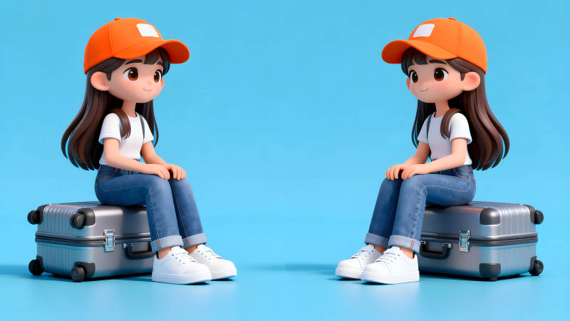 兩個女孩坐在行李箱上-圖片