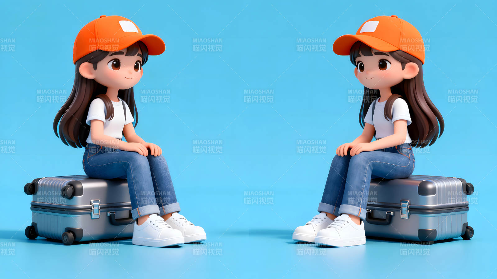 兩個女孩坐在行李箱上-圖片