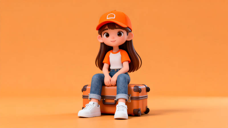 卡通女孩坐行李箱-图片