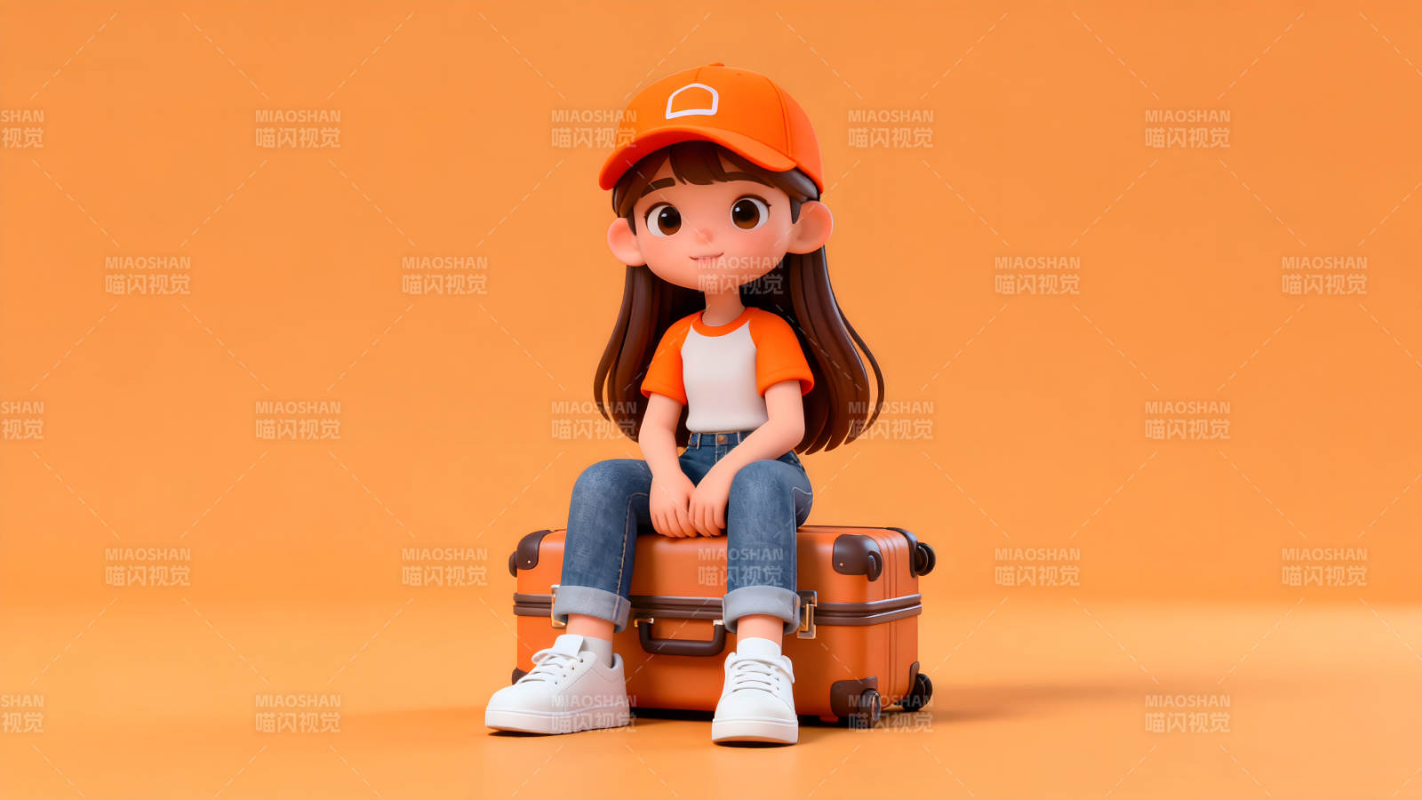 卡通女孩坐行李箱-图片