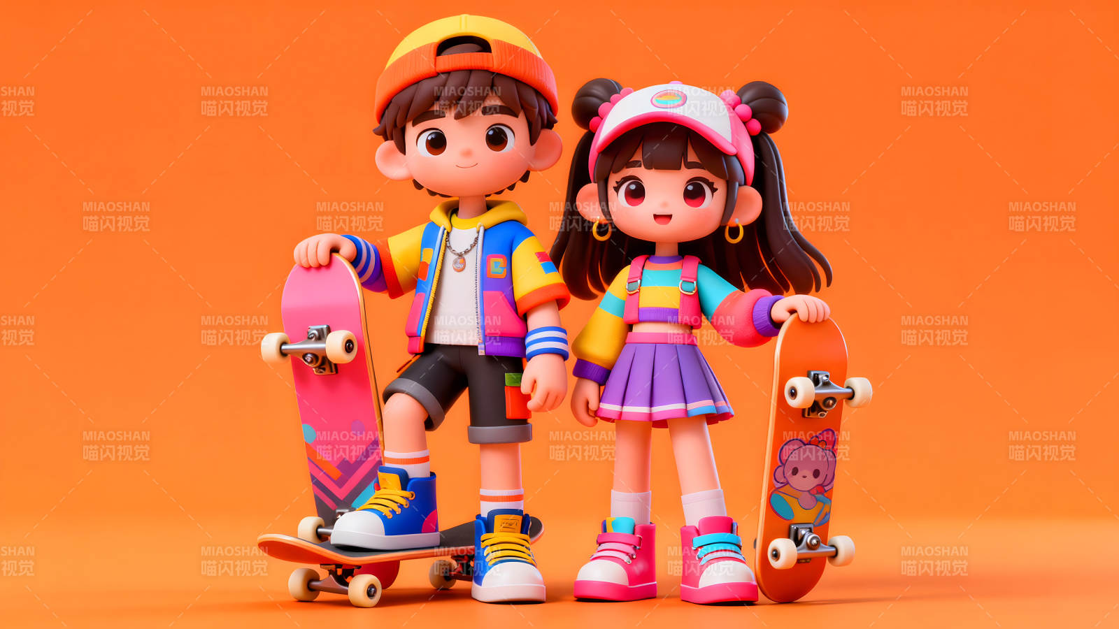 卡通人物滑板合影亮眼橙色背景-圖片