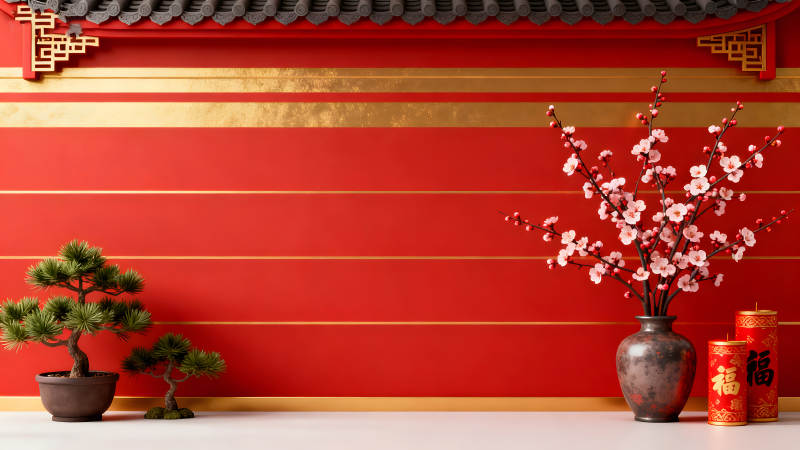 春節(jié)裝飾紅墻梅花盆栽-圖片