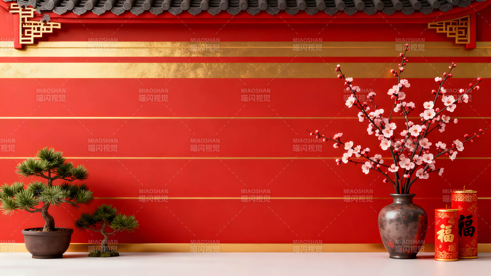 春節(jié)裝飾紅墻梅花盆栽-圖片