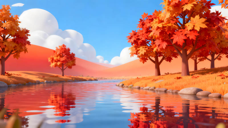 秋日水岸景色紅葉映照水中風(fēng)光-圖片