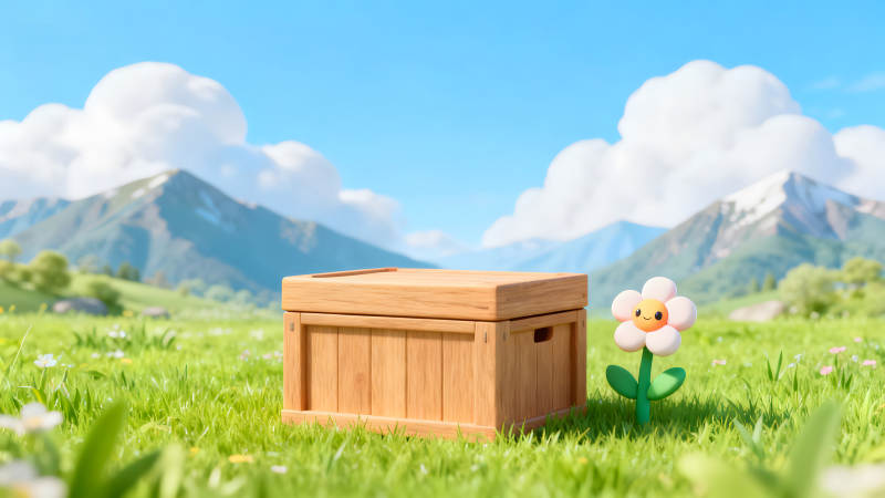 草地木箱和卡通花朵-圖片