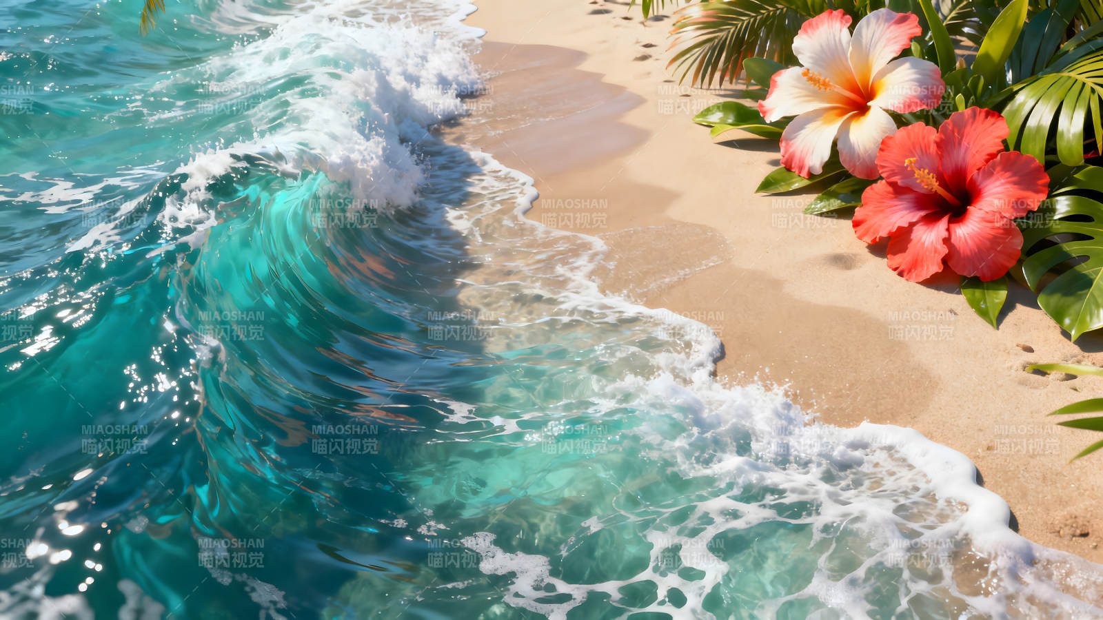 海浪沙滩鲜花椰树的唯美景象-图片