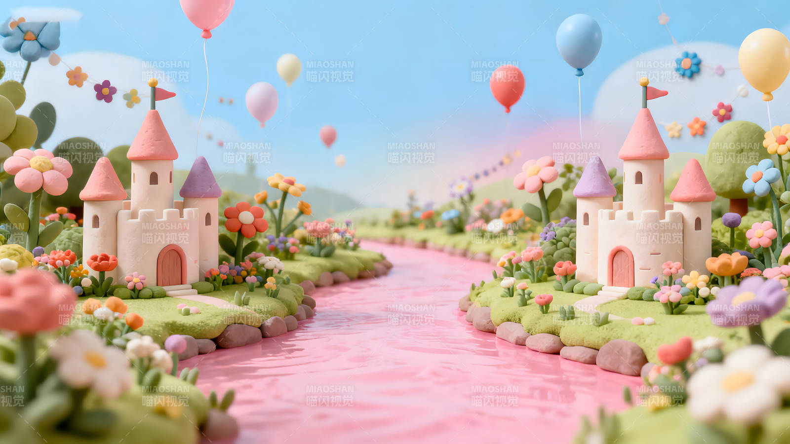 梦幻童话城堡粉色河流景象-图片