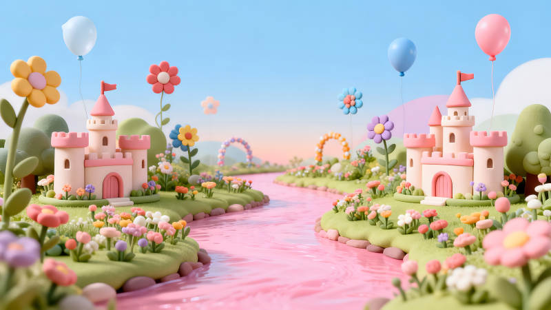 梦幻童话世界粉色河流城堡鲜花图片