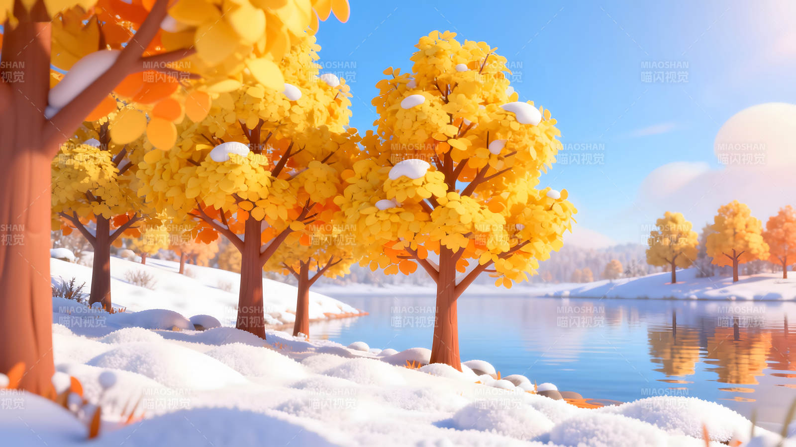 冬日雪景黃葉樹湖泊-圖片