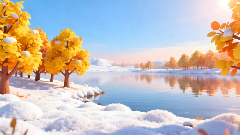 冬日湖畔風景畫金黃樹木雪地倒影-圖片