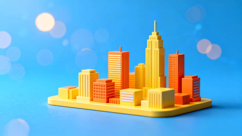 卡通城市建筑模型蓝天背景-图片