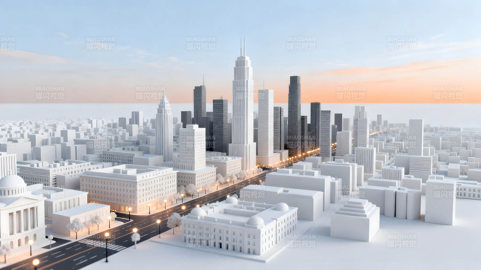 城市建筑模型呈現日落美景-圖片