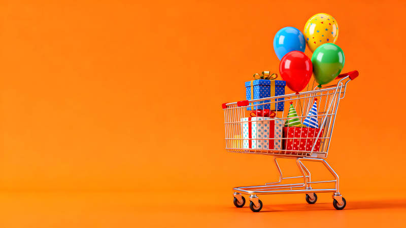 購物車與禮物氣球橙色背景-圖片