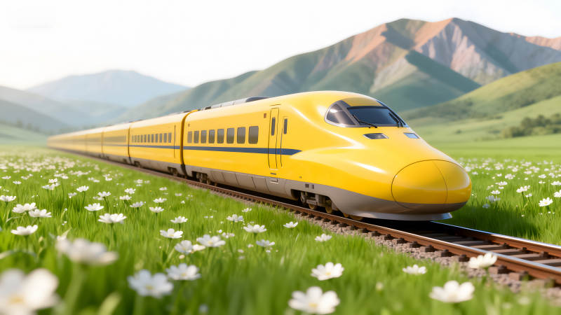 黄色列车行驶在原野上-图片