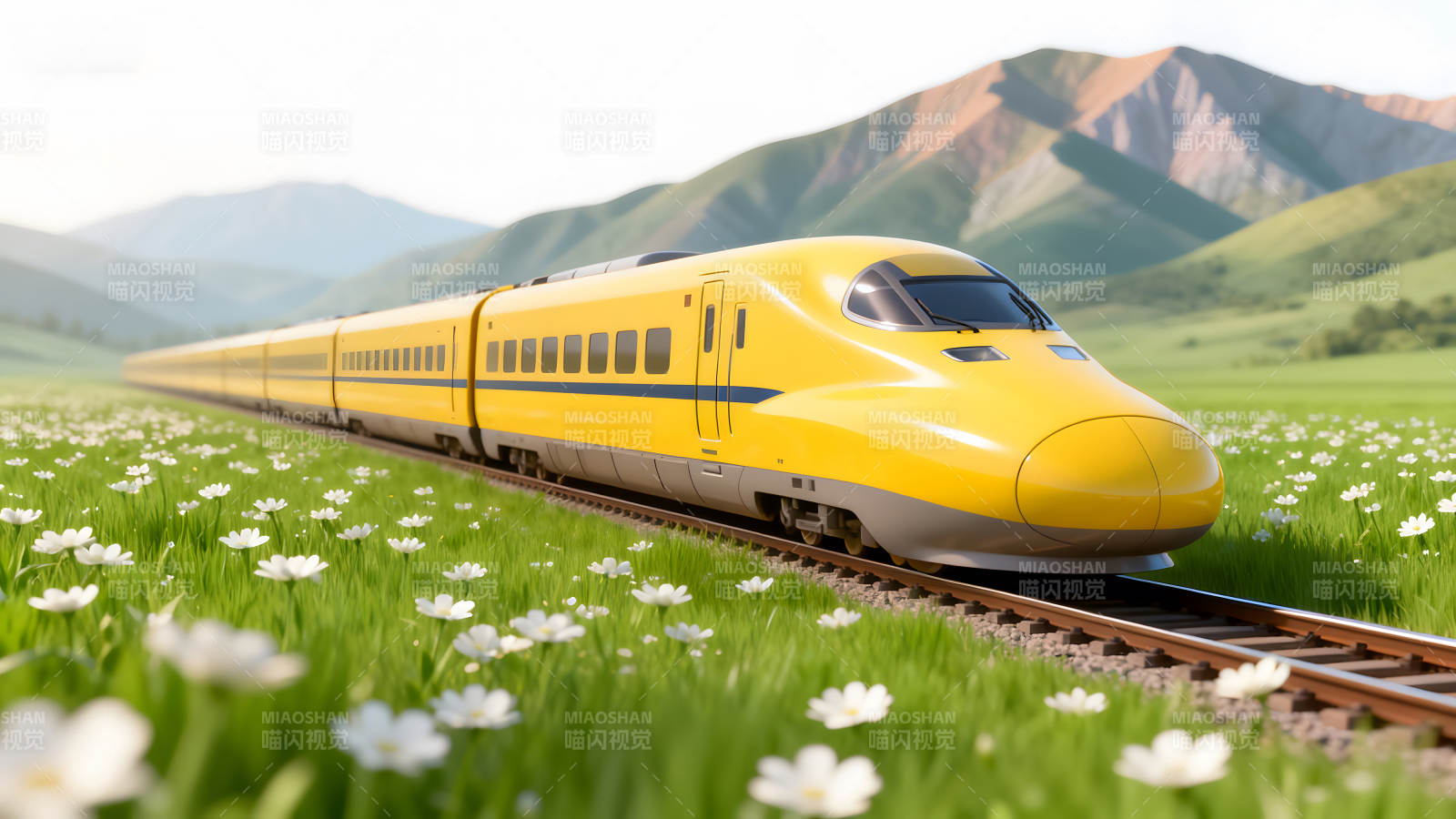 黄色列车行驶在原野上-图片
