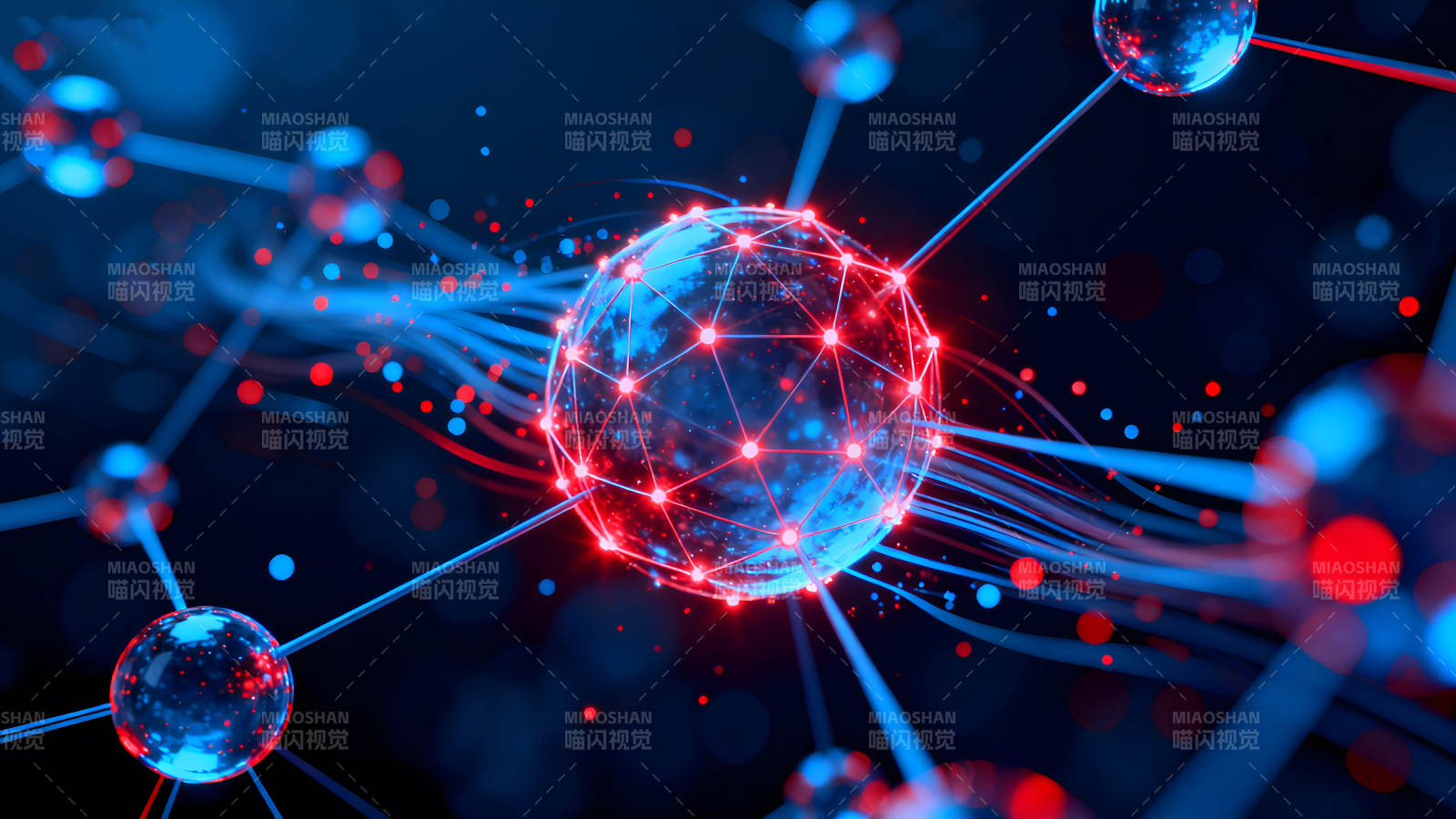 科技感十足的藍色紅色發光球體-圖片