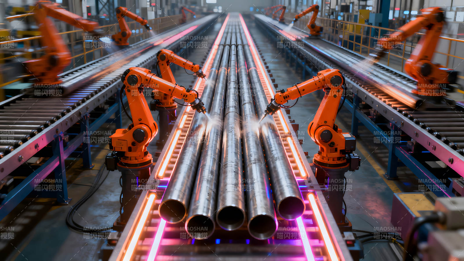 工廠流水線上的機器人焊接管道-圖片