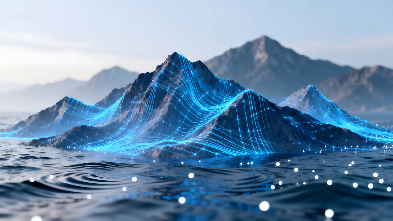 數字山巒藍色光線水面漣漪-圖片