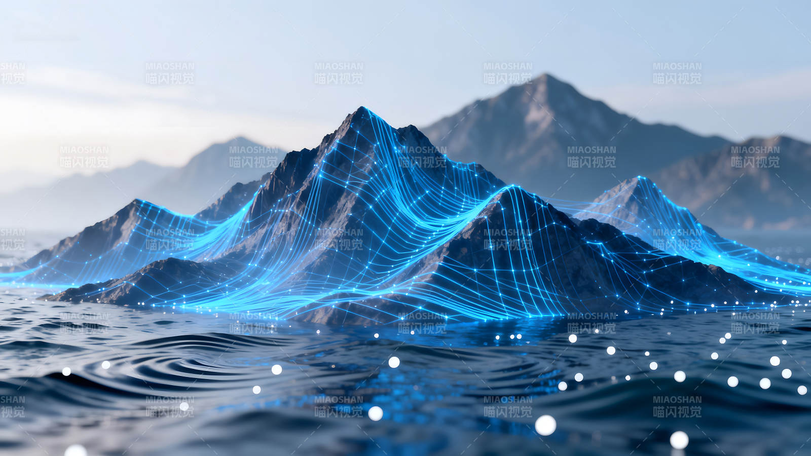 數(shù)字山巒藍色光線水面漣漪-圖片