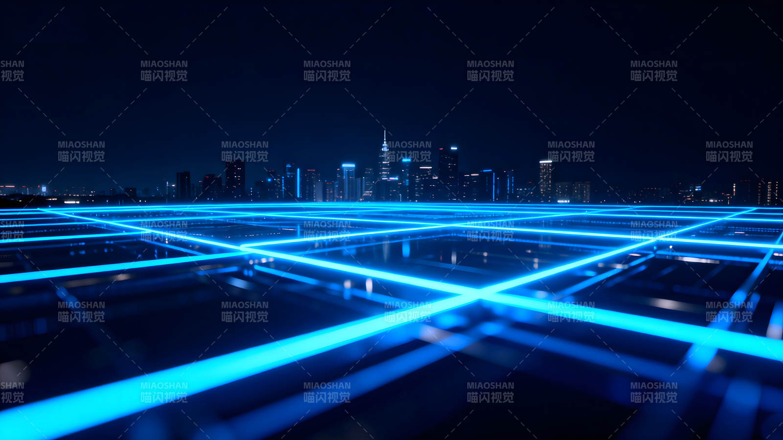 未来城市夜景与发光线条-图片