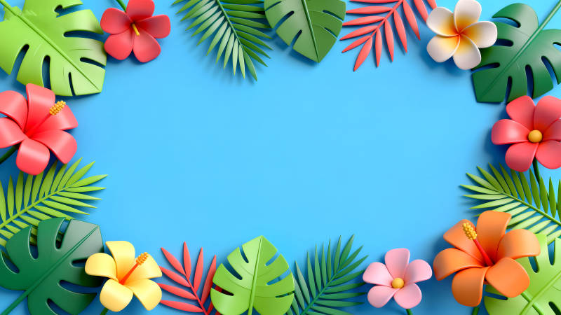 热带风光花叶装饰蓝色背景-图片