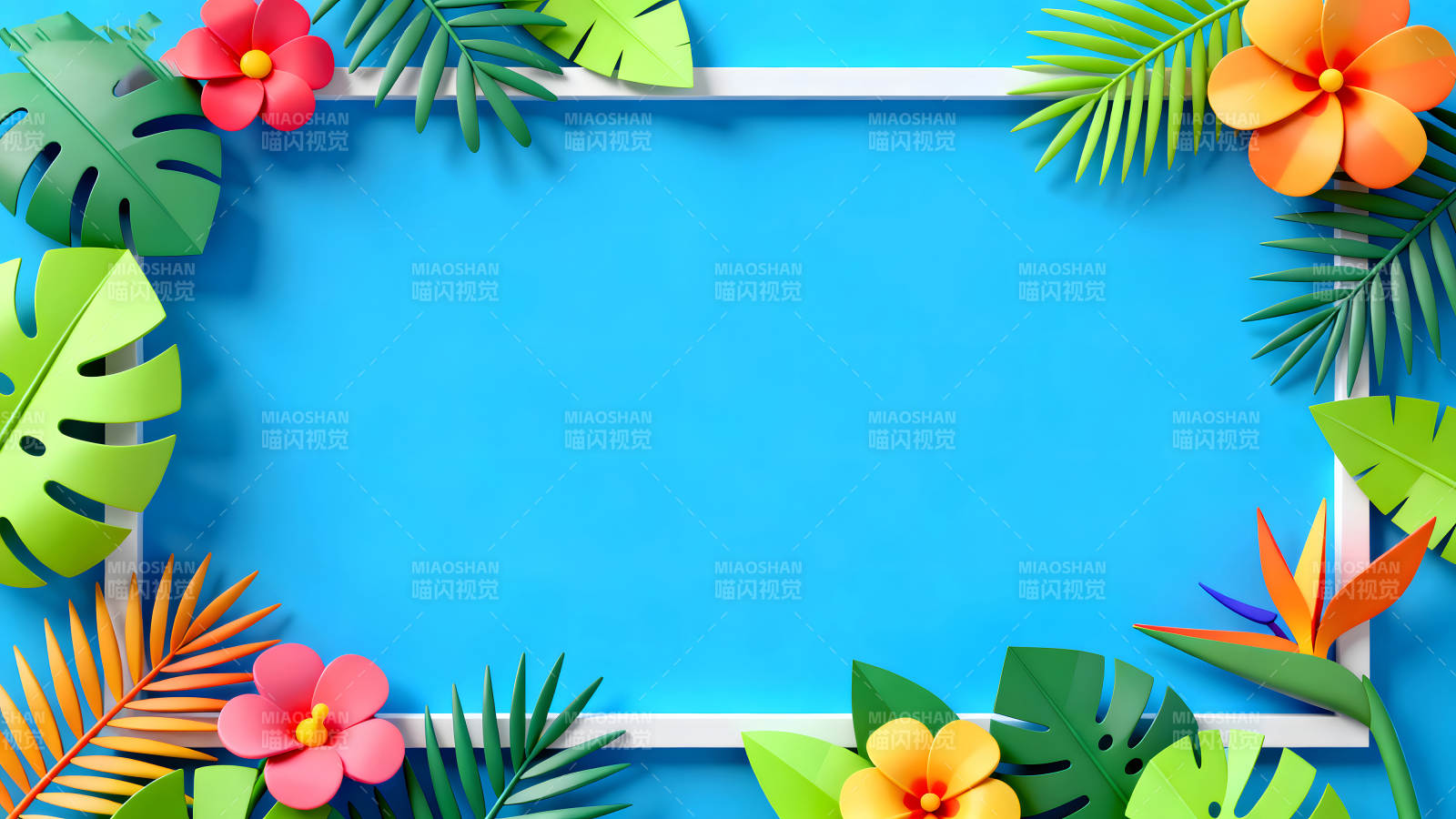 夏日主题背景装饰蓝框鲜花绿植-图片