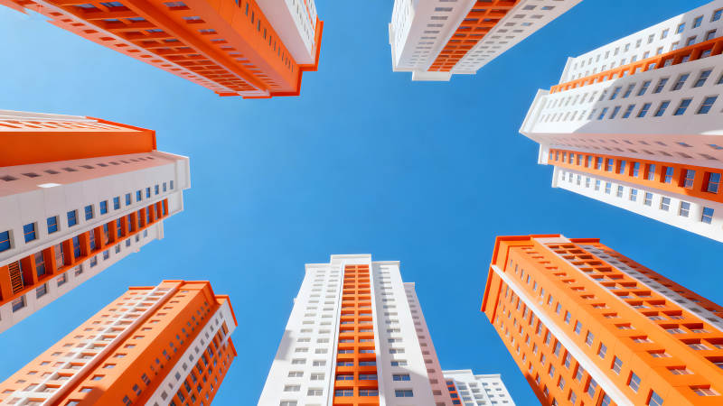 仰視建筑群橙白相間高樓與藍天-圖片