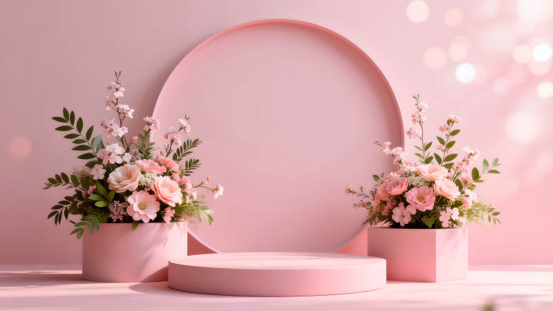 粉色花卉和圆形展示台-图片