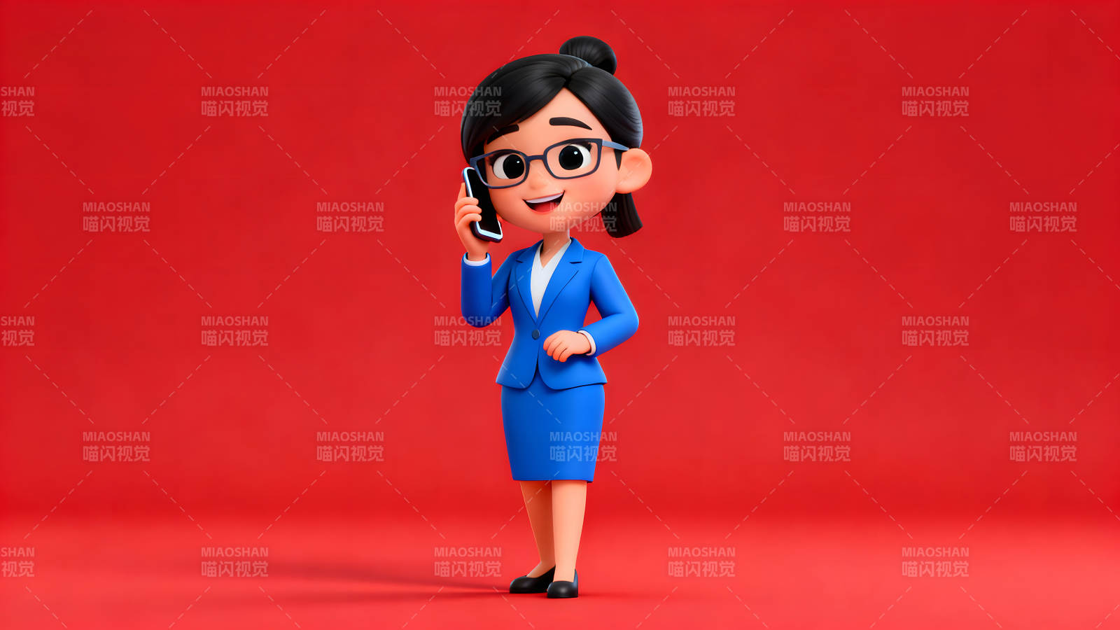 卡通女性打電話形象藍衣-圖片