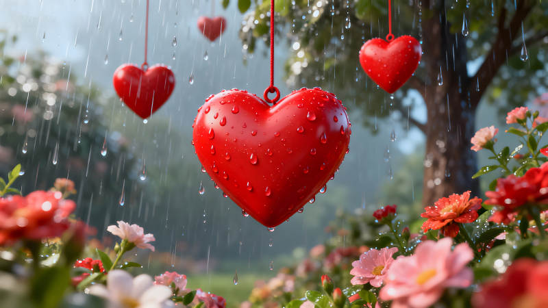 雨中悬挂的心形装饰鲜花点缀-图片
