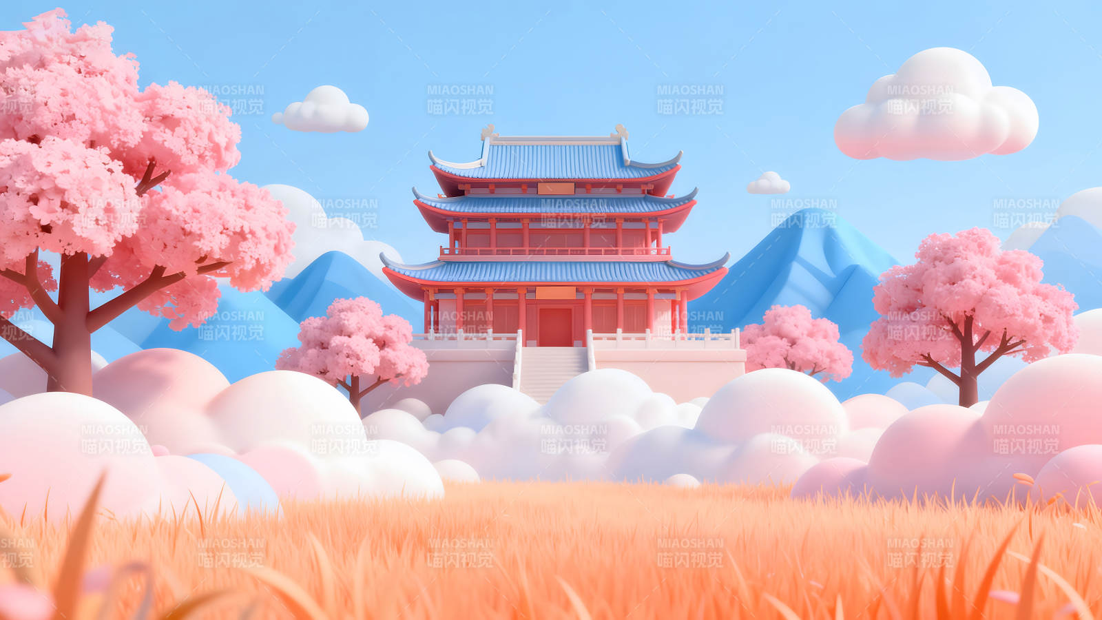 粉色建筑與櫻花仙境般的景色-圖片