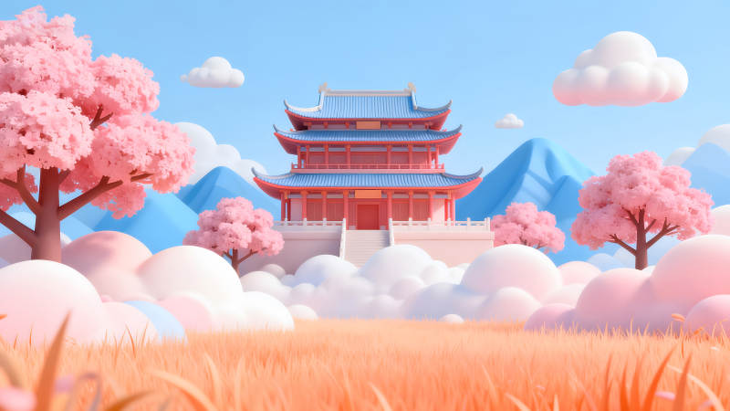 粉色建筑與櫻花仙境般的景色-圖片