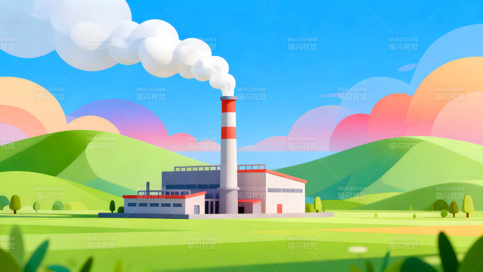 工廠冒煙污染環境的卡通圖景-圖片