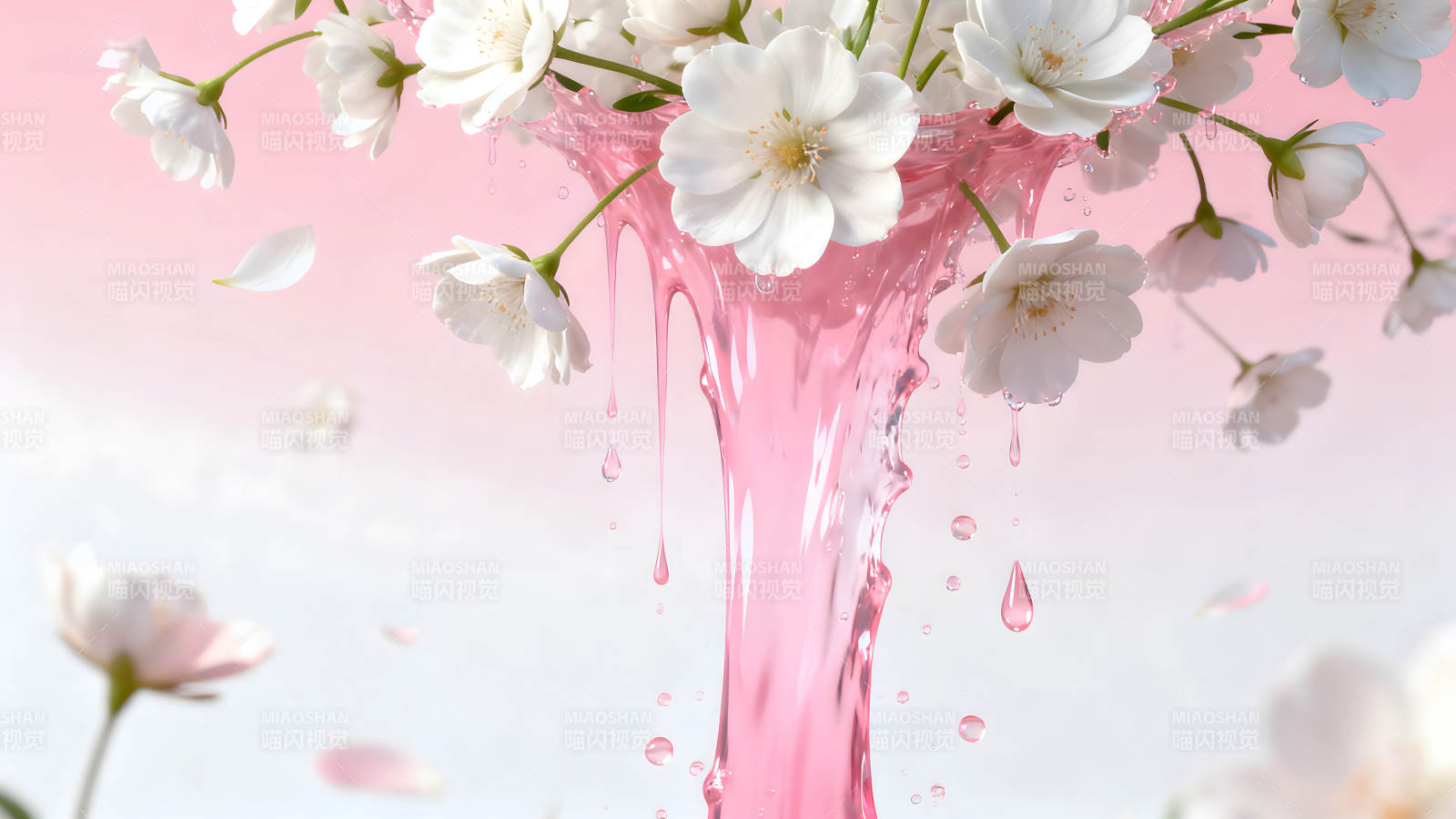 花瓣與粉色液體交織的夢幻場景-圖片