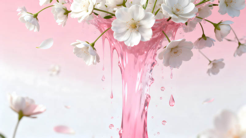 花瓣與粉色液體交織的夢(mèng)幻場(chǎng)景-圖片