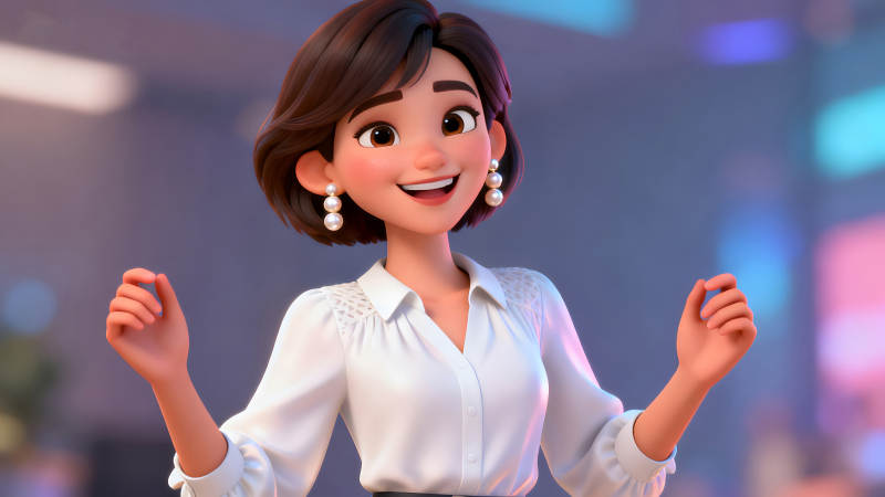 動畫人物喜悅微笑舉手展示-圖片