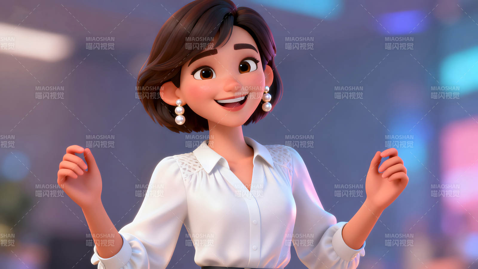 動畫人物喜悅微笑舉手展示-圖片