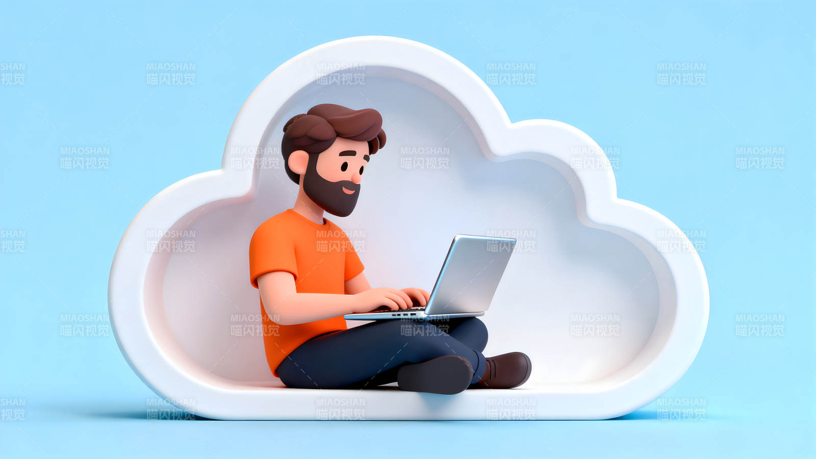 云计算卡通人物使用笔记本-图片