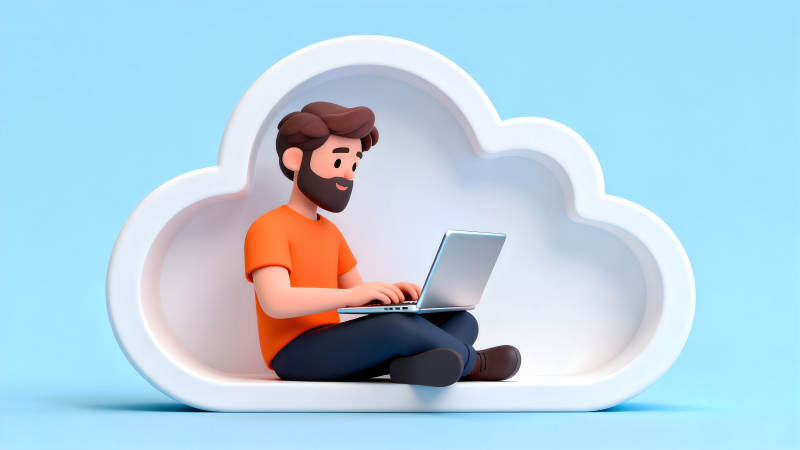 云计算卡通人物使用笔记本-图片