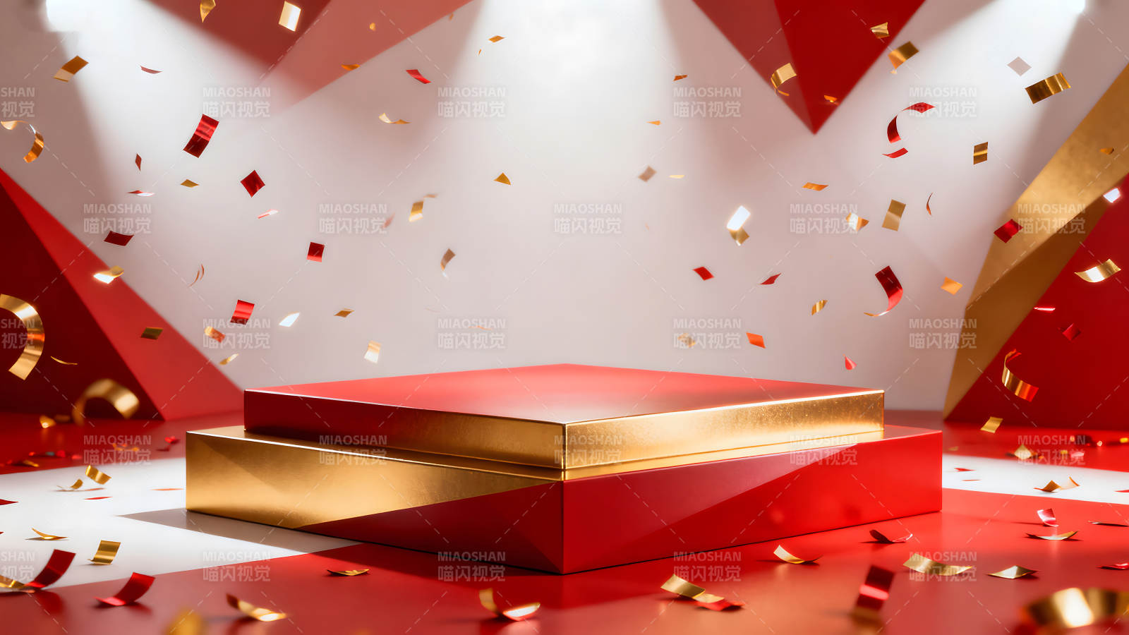 舞台红金背景与彩带飞舞-图片