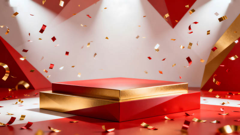 舞台红金背景与彩带飞舞-图片