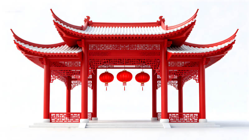 紅色亭子懸掛紅燈籠-圖片