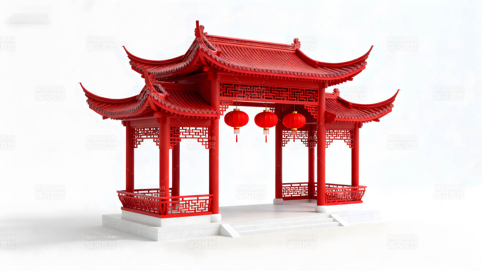 中國古典紅亭子懸掛紅燈籠-圖片