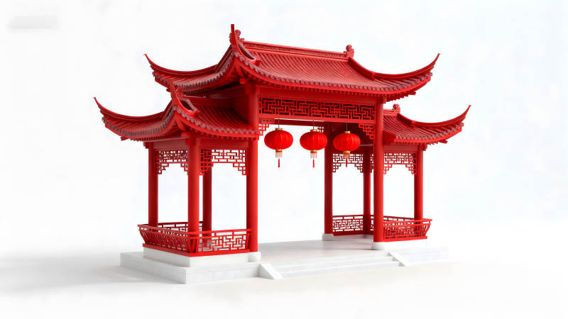 中國古典紅亭子懸掛紅燈籠-圖片